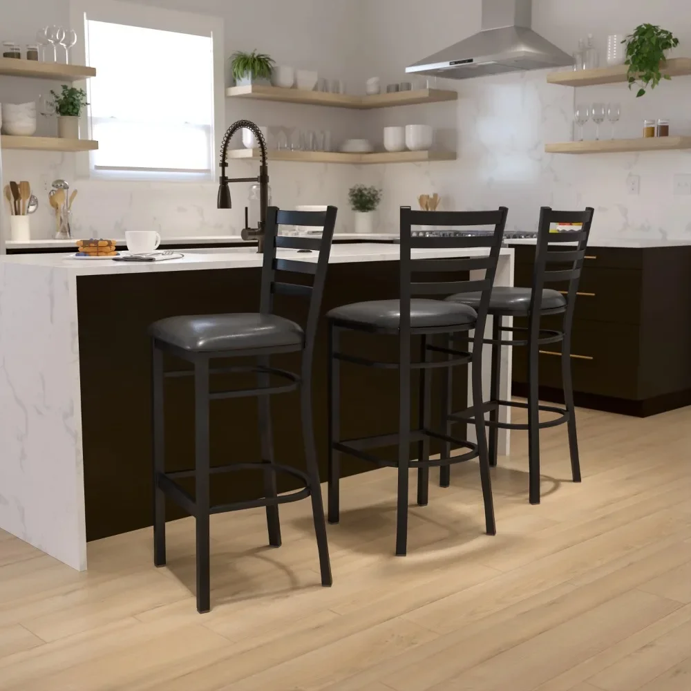 Series Black Ladder Back Metal Restaurant Barstool - Black Vinyl Seat