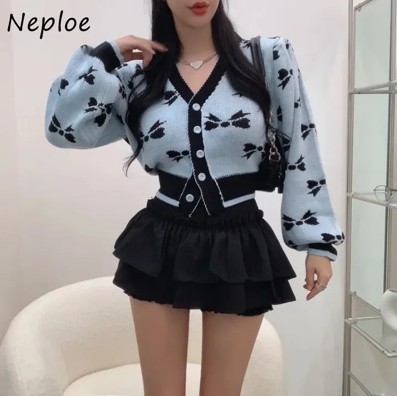 

Neploe Korean Chic Sweet Style Knitted Cardigan 2025 Autumn Winter Femme Gentle Bow Tie Buckle Long Sleeve V-Neck Sweater Coats