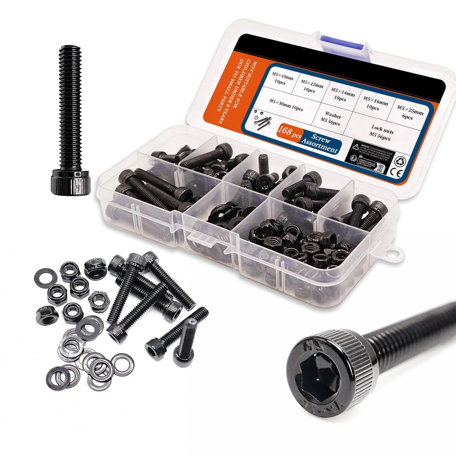 

168 PCS M5 (10-30 mm) Screw Combo Kit - Hexagonal Socket Head Cap Metric Screws, Nut and Washer Set with Furniture DIY Enclosure