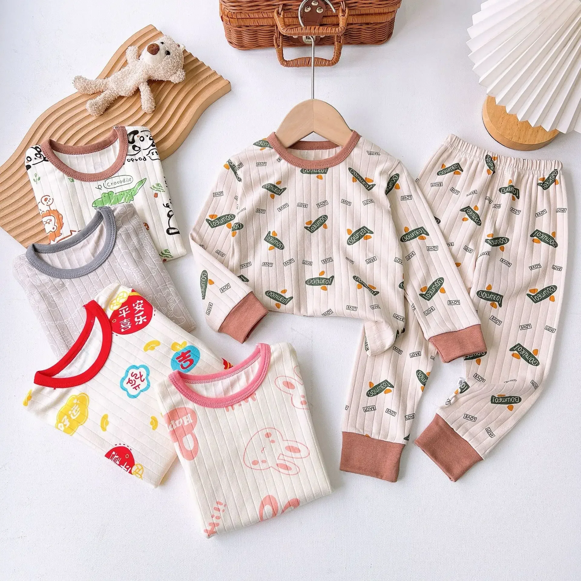 Kids Pure Cotton Pajamas Boys Girls Cute Cartoon Long Sleeve T-Shirt Tops with Pants Toddler Baby Autumn Underwear Clothing Sets