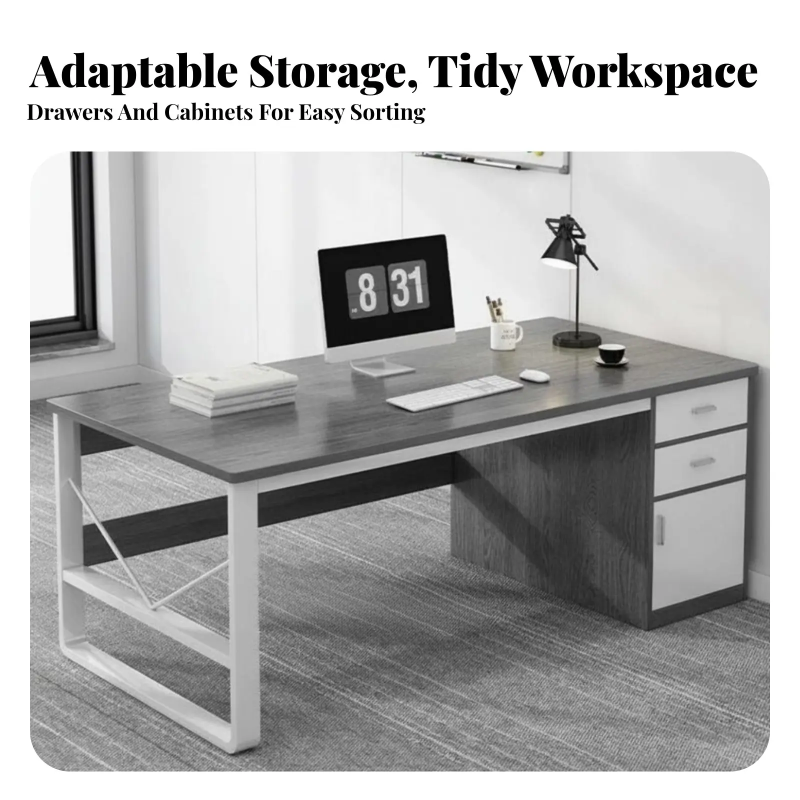 Writing Table with Side Cabinet Modern Design Computer Desk Wide Desktop Stable Construction for Bedroom, Gaming Setup