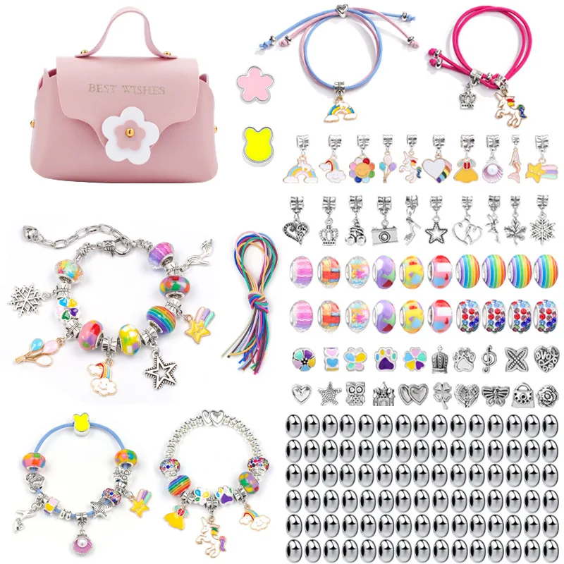 

Fit Pandora Charms Bracelet Making Kit For Kids BEST WISHES Gift Pink Leather Hangbag Girls Spacer Beads Accessories DIY Jewelry