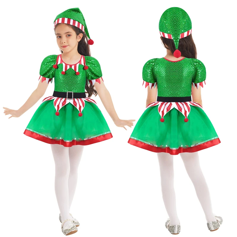 

Kids Christmas Elf Costume Green Santa Clause Cosplay Dress Up For Chilren Girls New Year Xmas Party Sequins Mesh Tutu Dresses