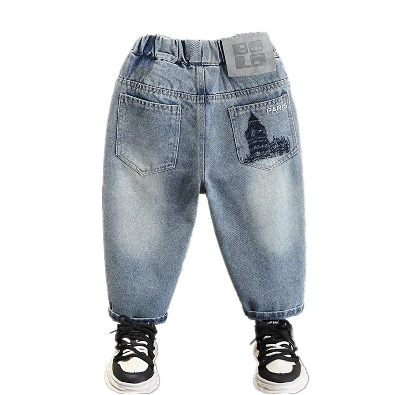 

Kids Jeans Pants Casual Kids Pants For Boys Elastic Waist Tear Hole Jeans Children's Straight Trousers Spring Autumn 2-10Years