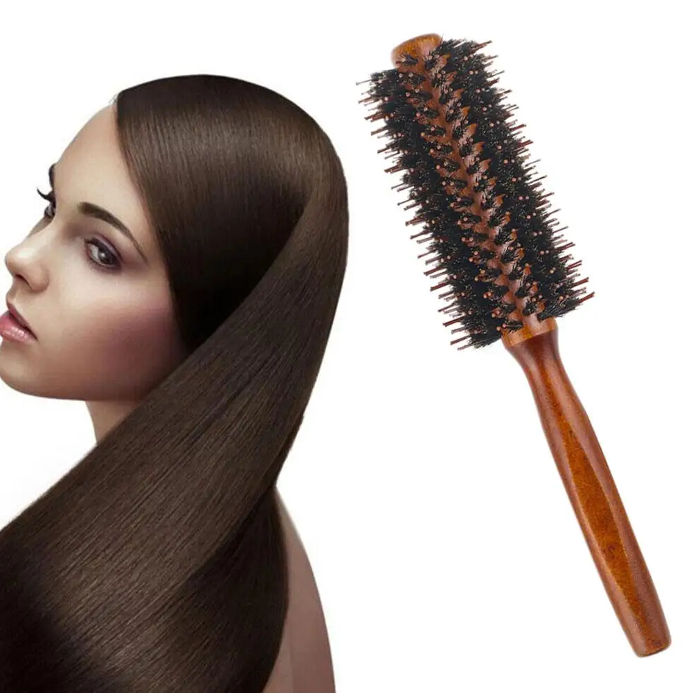 Натуральная щетина кабана, вращающаяся щетка для вьющихся волос, расческа для вьющихся волос из цельного дерева, круглая бочка, расческа для вьющихся волос, инструменты, 1 шт. Q8t9
