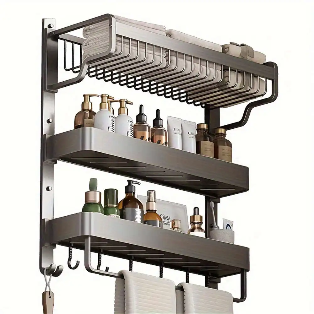 1 Piece 3-Layer Bathroom Space Towel Rack With Shampoo Bottle Mouthwash Cup 3-Layer Rack Bathroom Pole With Hook