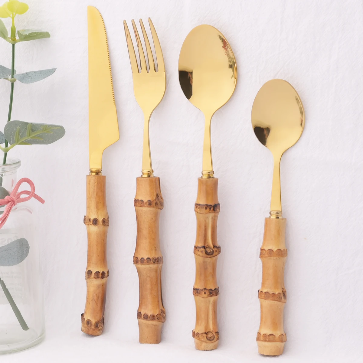 

24Pcs Vintage Knife Forks Coffee Spoon Dinnerware Set Imitation Bamboo Cutlery Set Stainless Steel Tableware Kitchen Silverware