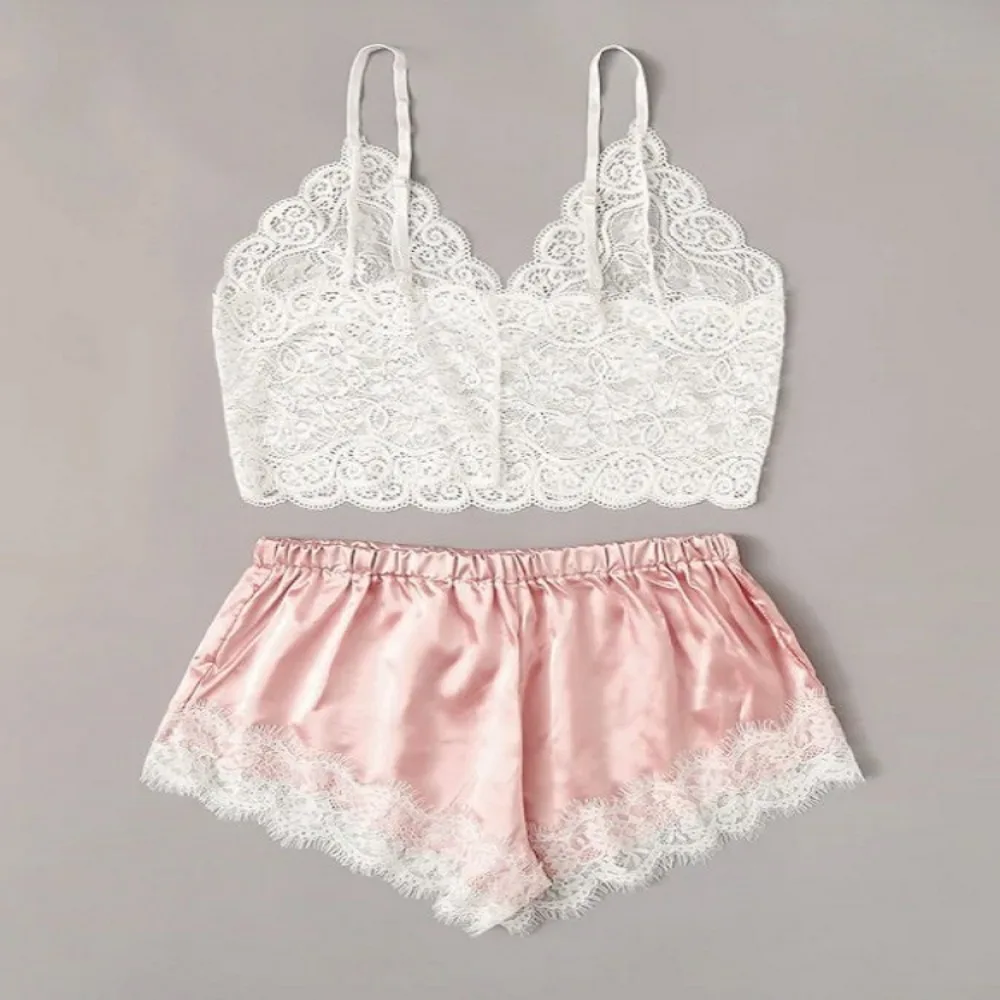 Sexy Lace Silk Sleepwear Two Piece Set of Suspender Shorts for Women Pajamas Set Lingerie Crop Tops Shorts Nightwear