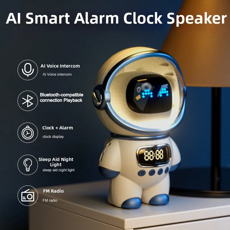 

1pc Smart AI Robot BTv5.1 EDR Wireless Alarm Clock Speaker TF Card FM Clock AI Intelligent Intercom Astronaut Creative Radio