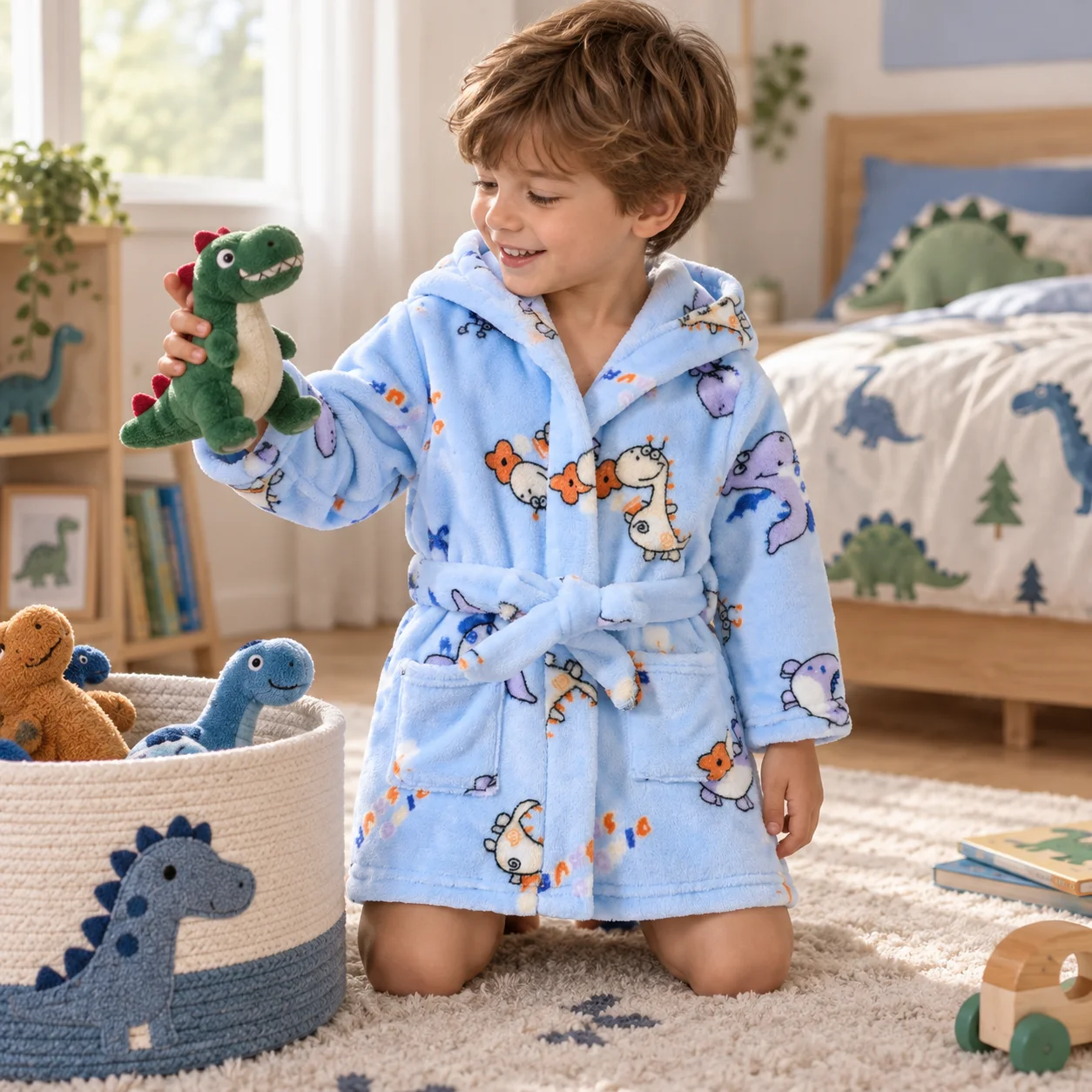Boys ls Bear Hooded Kids Bathrobe Coral Fleece Fluffy Warm Children Home Robe Nightgown