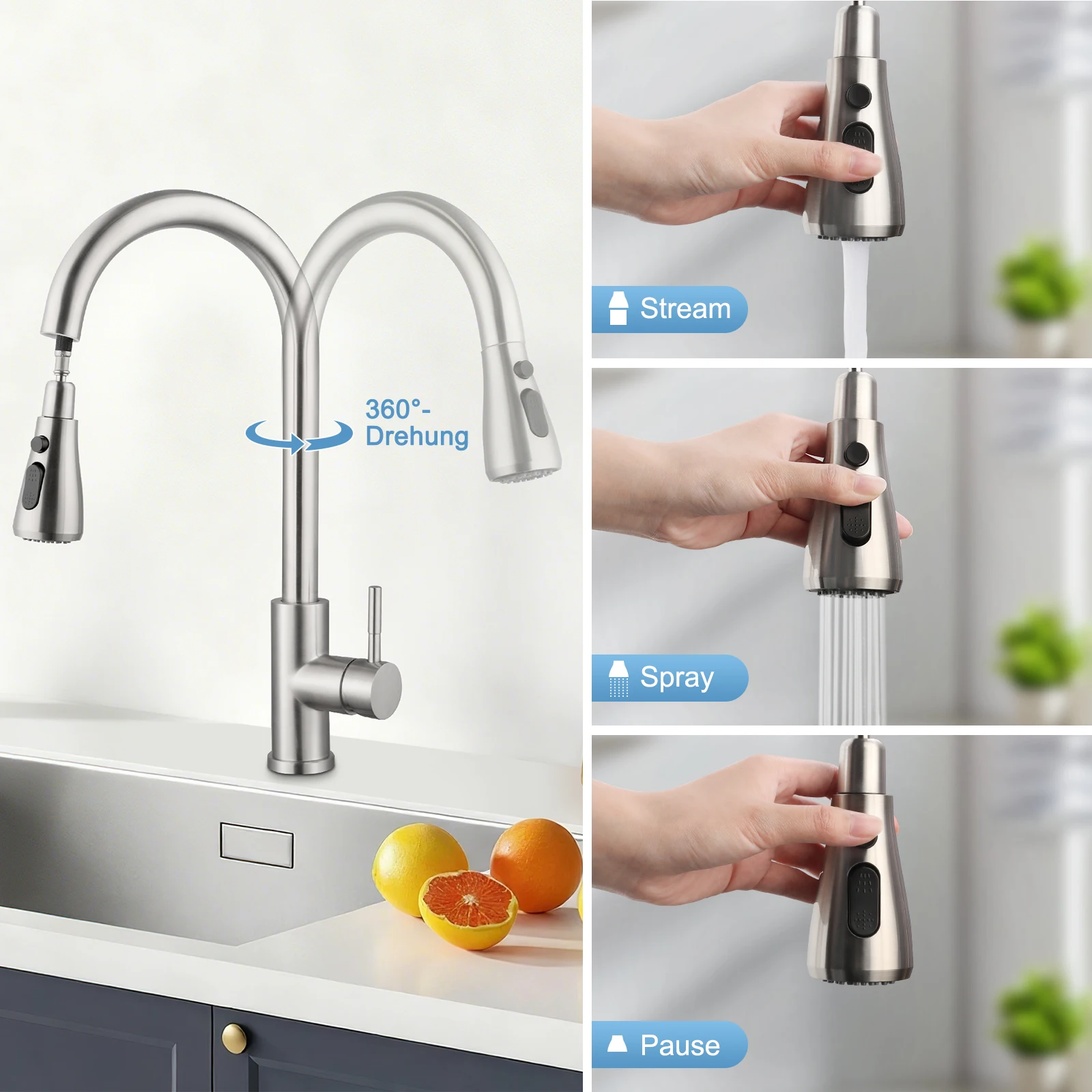 Dos piezas de acero inoxidable 360 °   Grifo giratorio para lavabo, con temperatura de agua ajustable para baño y cocina