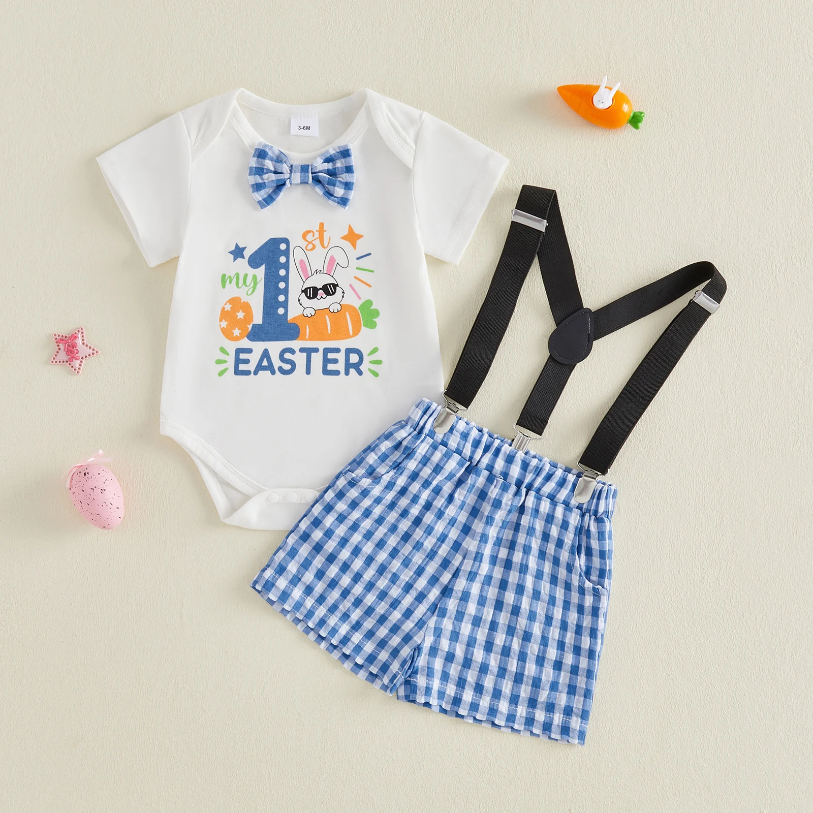 Summer Easter Infant Baby Boy Outfit Letter Bunny Print Short Sleeve Bowtie Romper Plaid Suspender Shorts Outfit