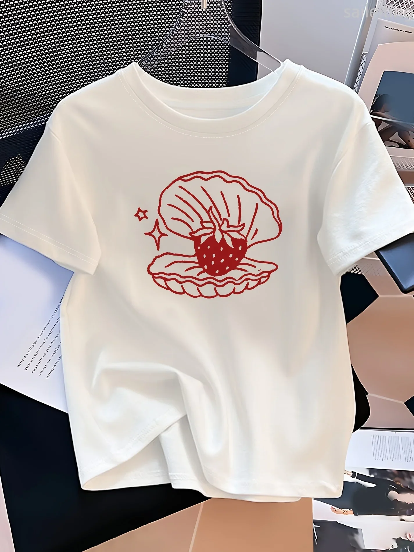 Camisetas غير الرسمية أنيقة con estampado de concha roja y fresa para mujerropa غير رسمية de manga corta Harajuku