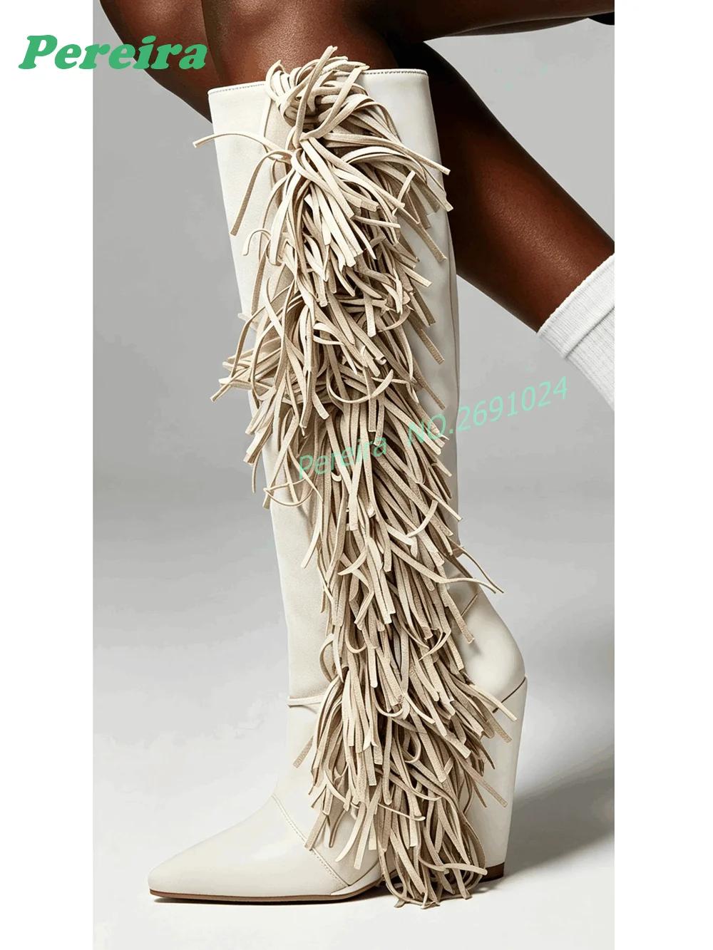 Beige Fringe Tassel Knee High Boots Pointed Toe Wedge Heel Suede Western Cowboy Tall Boots Patchwork Slip On Casual Shoes Luxury