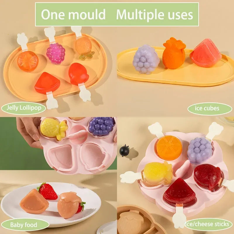 

Cartoon Fruit Ice Cream Molds Food Grade Silicone Popsicle Mold Ice Cube Tray Reusable Cake Stick Moulds Summer Party Supplies