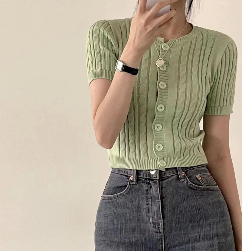 Knitted Sweater Sueters Mujer Green Short Sleeve Cropped Cardigan Vintage Slim Tops  Twists Sweaters Women Y2k Clothes