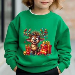 Christmas Elk Deer Print Children Sweatshirt Autumn Long Sleeve Pullover Cute Animal Lamp String Girl Boy Sibling Xmas Hoodie