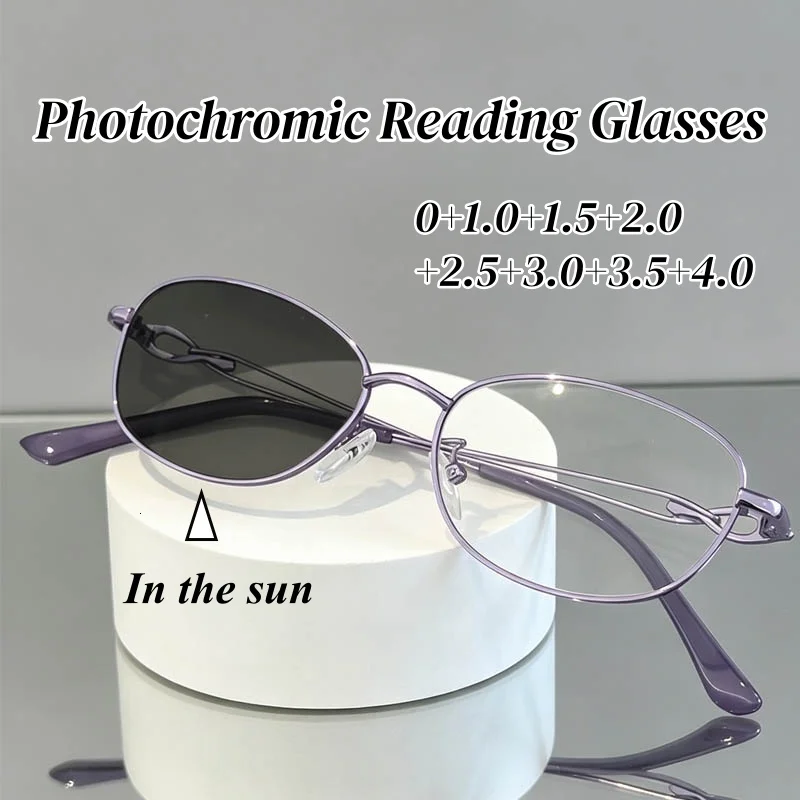 Photochrome Lesebrillen für Damen, modische, elegante, farbwechselnde Presbyopie-Brillen für Herren, Unisex-Brillen mit kleinem Rahmen, 0+1,0+4,0