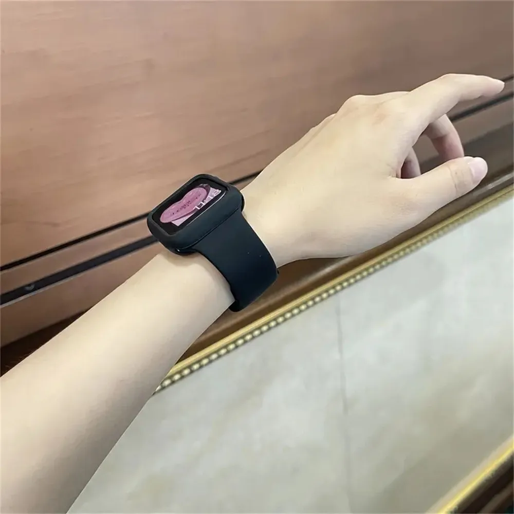 女性ストラップ韓国のかわいいスポーツシリコンバンド + ケース Apple Watch 9 8 7 6 SE 5 4 3 2 iWatch 41 45 38 ミリメートル 40 ミリメートル 44 42 49