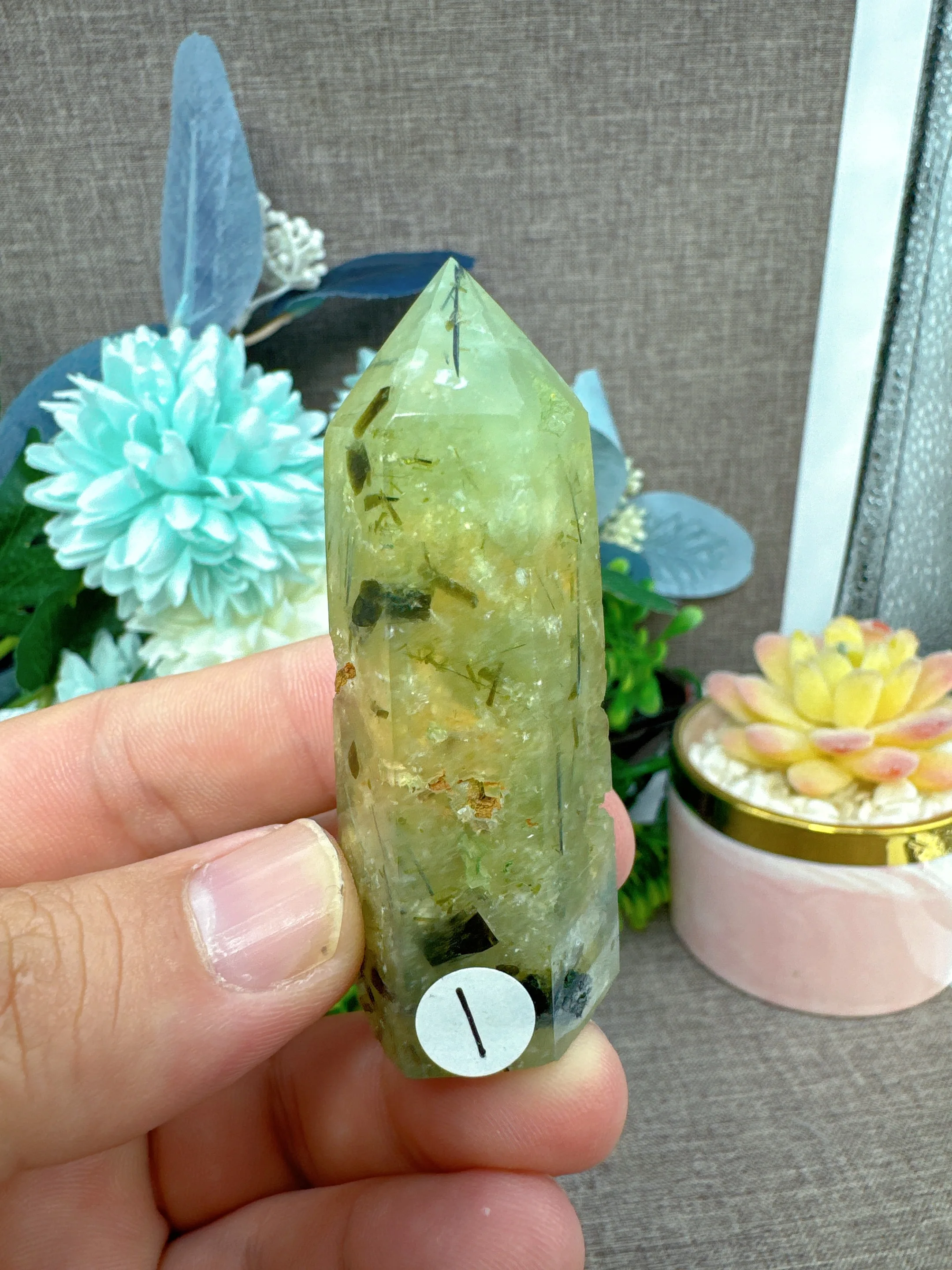 Natrual Crystal Green Grape Prehnite And Hair Tourmaline Agate Tower Mineral Specimens Polished Crafts Hexagonal Obelisk Stone