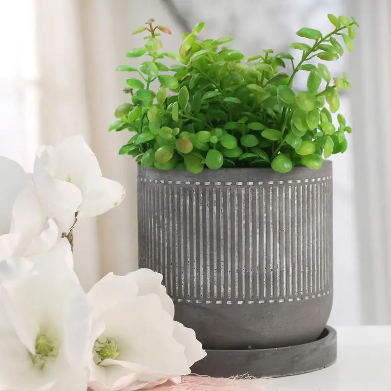 

6" Line Pattern Planter with Saucer, Gray - Stylish Decorative Plant Pot for Indoor or Outdoor Use, Ideal for Succulents and