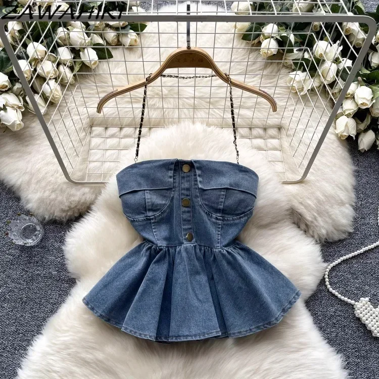 

Y2k Camisole Women Pleated Patchwork Ruffles Top Female Chains Design Halter Crop Tops Korean Office Lady Vintage Ropa Mujer