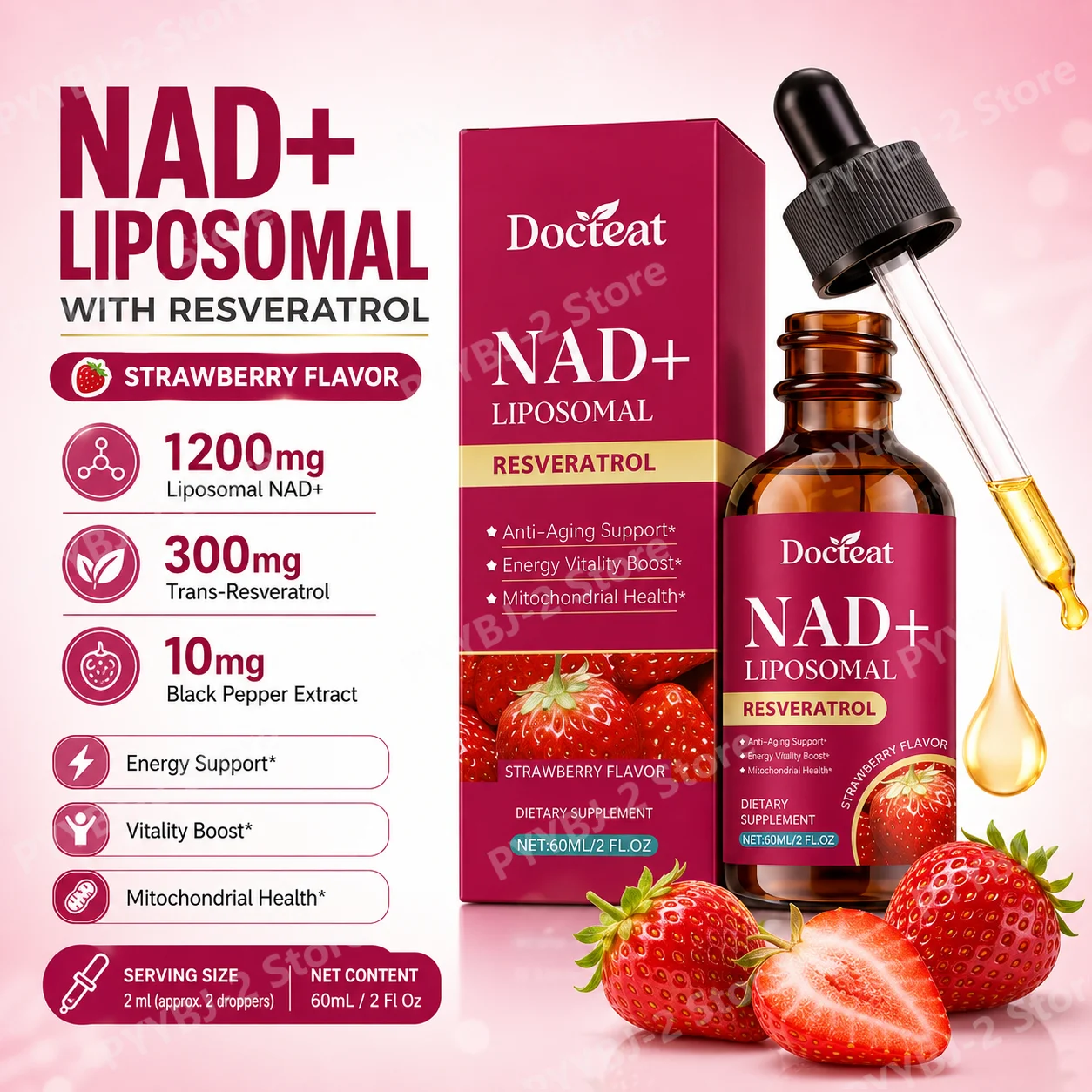 Docteat Liposomal NAD+ and Trans-Resveratrol Drops with Energy Vitality Boost, Anti-Aging Support, and Mitochondrial Health 60mL