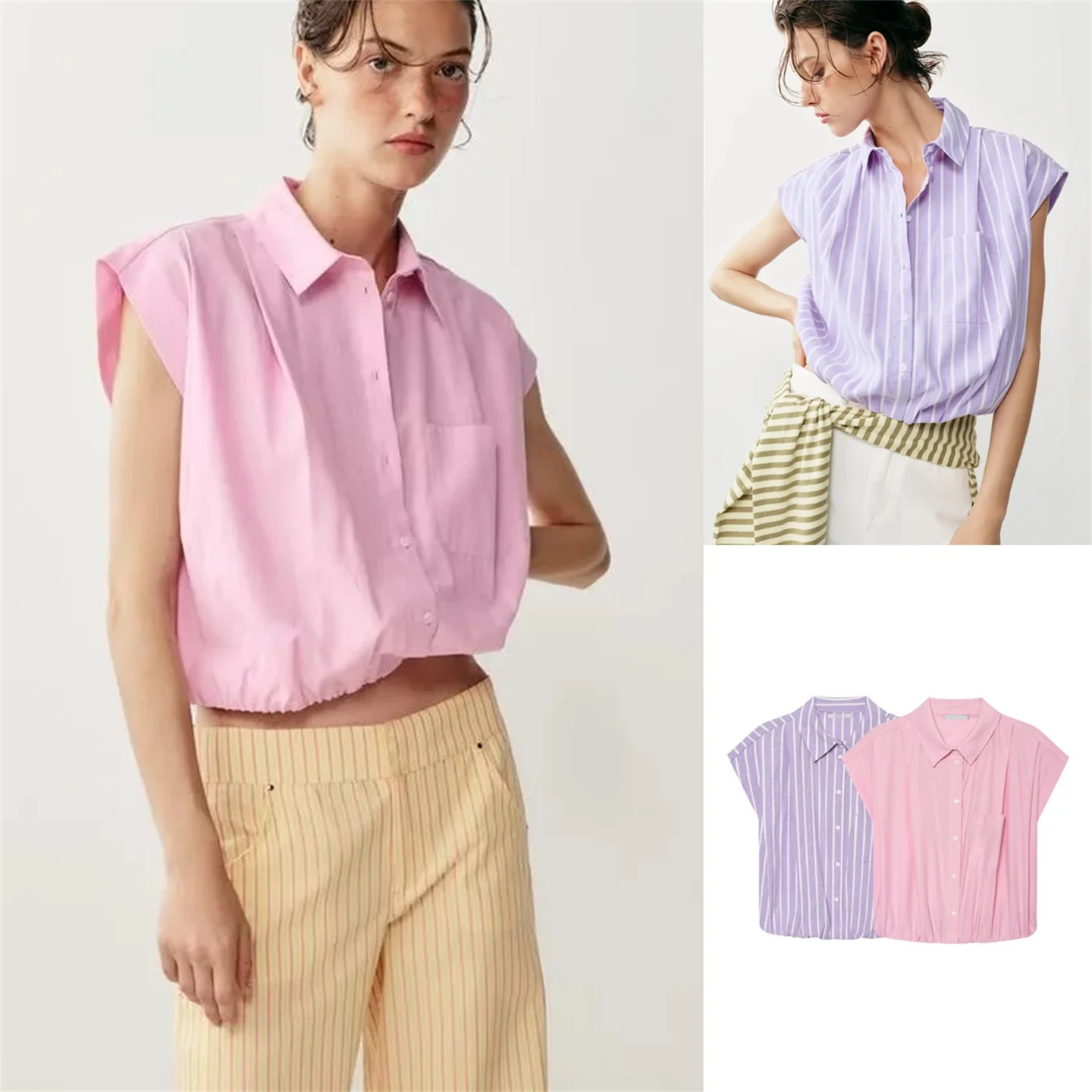 

Summer New Fashion Sleeveless Pleated Stripe Puffy Short Shirt Women's Casual Style Slim Fit Cotton Fabric Regular Length