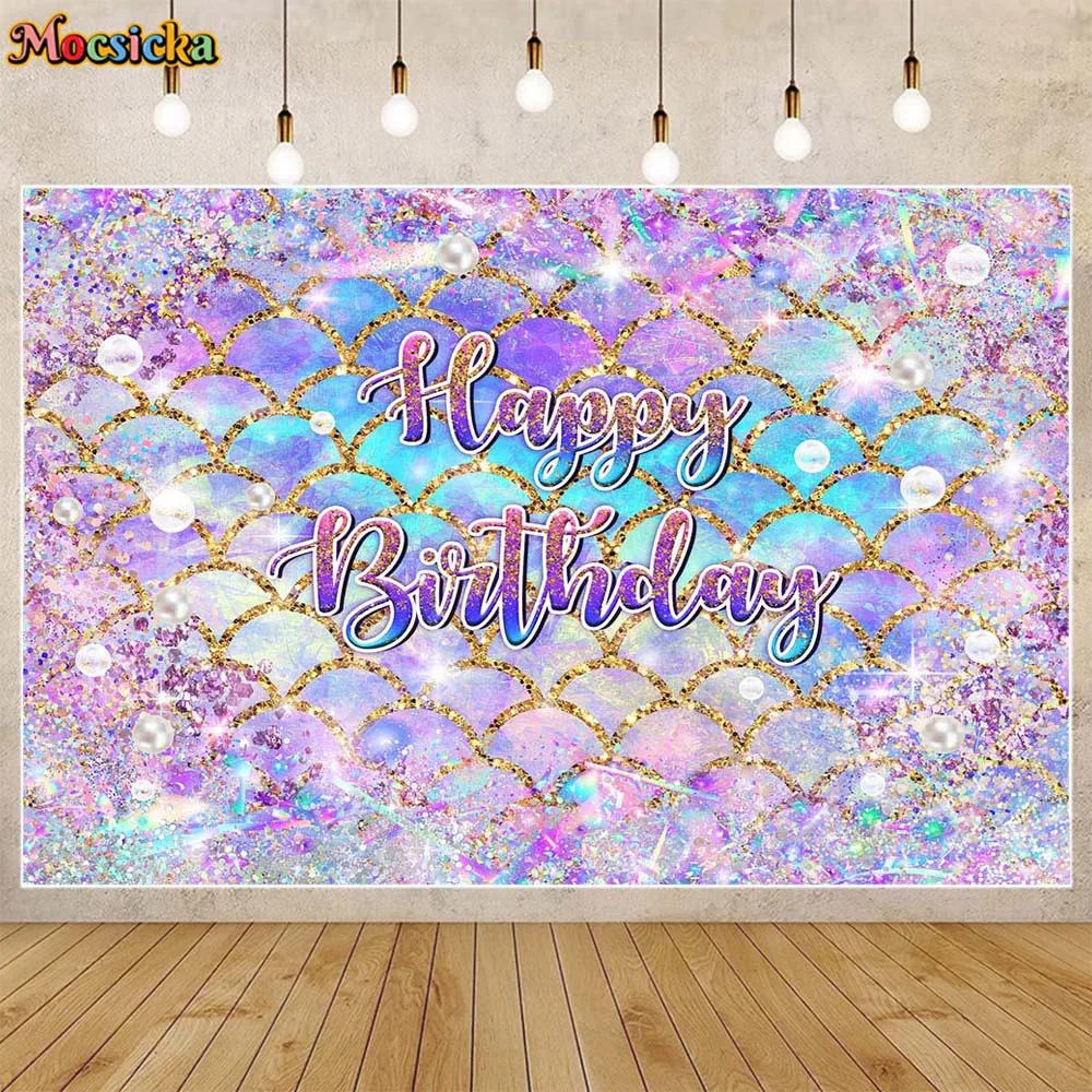 Mocsicka Mermaid Scales Birthday Backdrop Glitter Purple Diamond Under The Sea Girl Birthday Party Decor Photo Background Custom