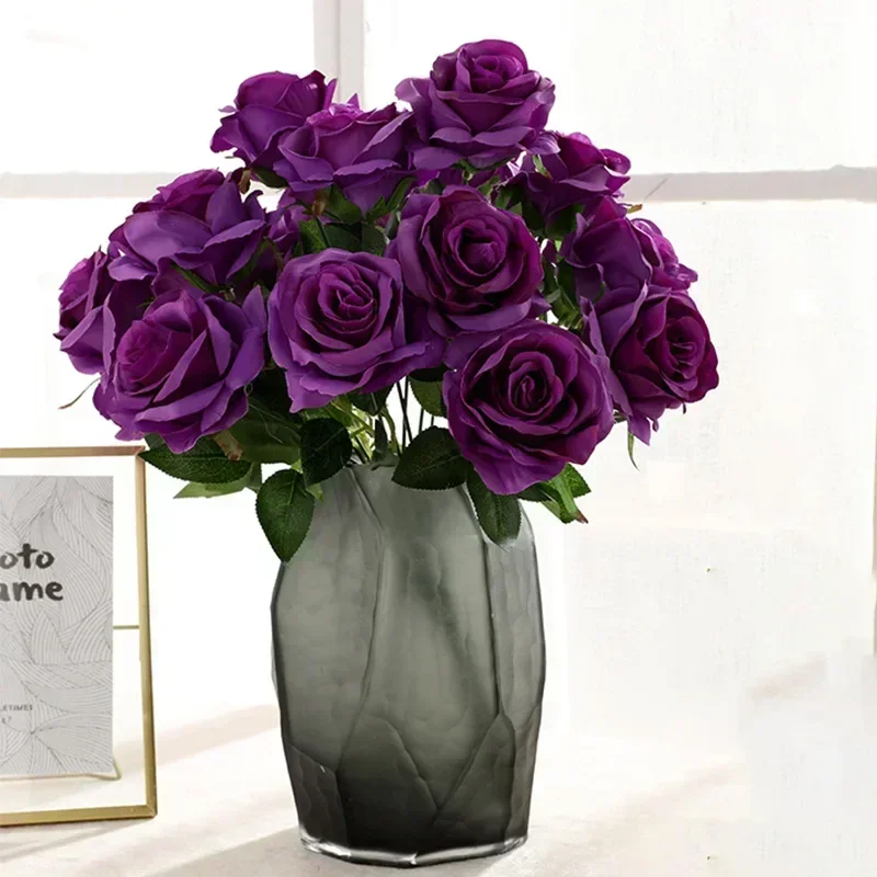 

Simulation Bouquet 9 Heads Artificial Rose Silk Fake Flower Living Room Dining Table Wedding Decoration Purple High Quality