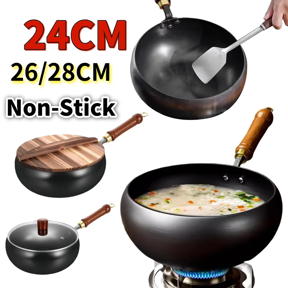 Wok antiadherente de 24CM, 26CM y 28CM, Wok chino de fondo plano con mango de madera, sartén antiadherente para el hogar, Camping, restaurante, Hotel, cocina