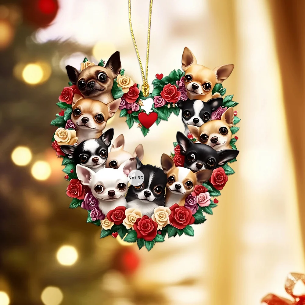 Sweet Rose Cat Dog Family Pendant 2D Car Interior Acrylic Decor Keychain Hanging Ornaments Jewelry For Valentine's Day Party