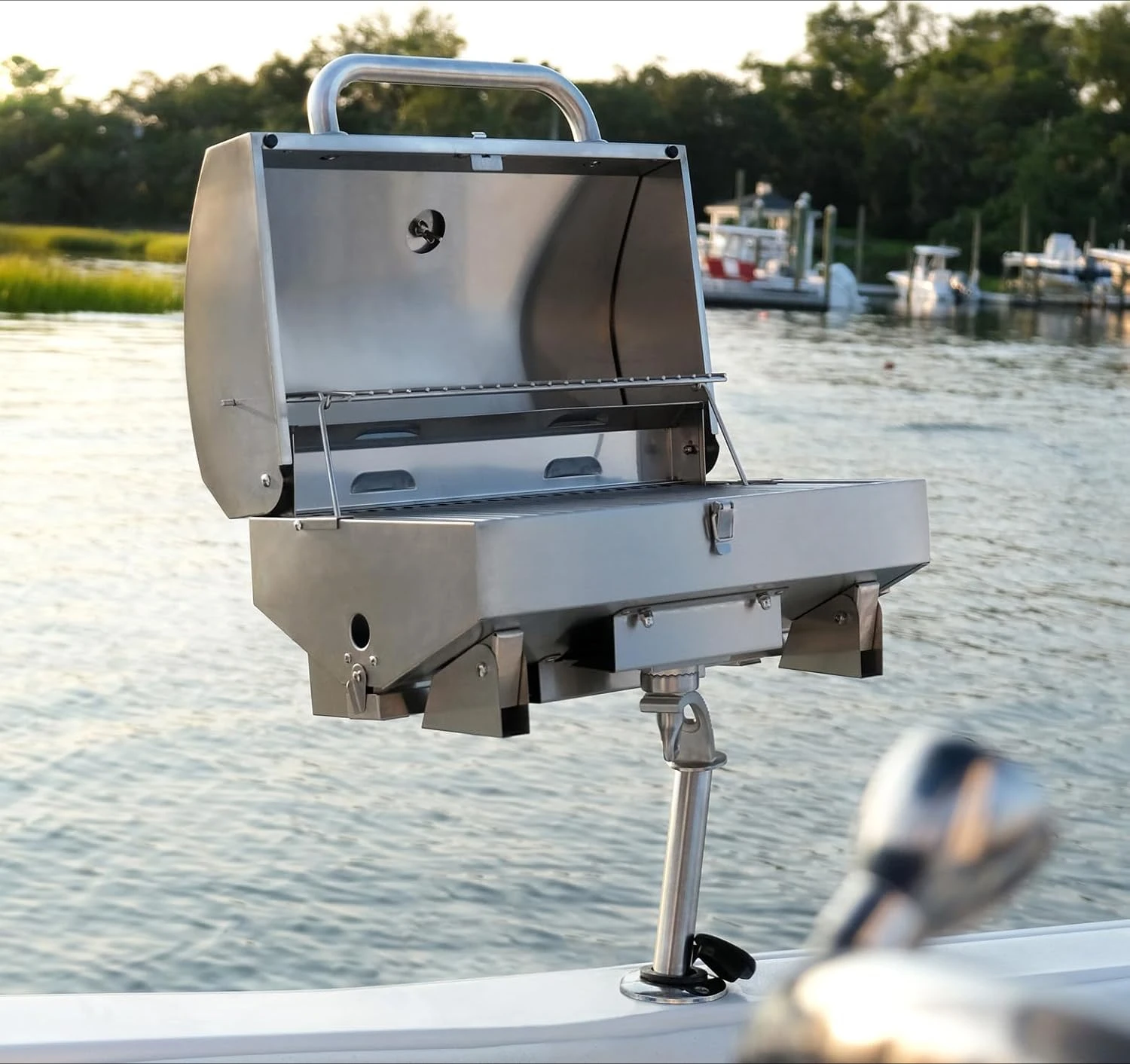 Stainless Steel Boat Grill with Rod Holder Mount - Great for Boating and Camping - Portable Tabletop BBQ Grill