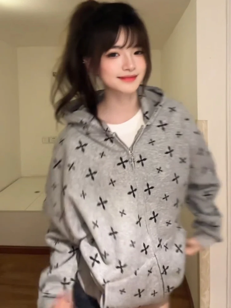 Gothic Cross Print Hoodie Cardigan Women's Spring Autumn 2025 New Couple's Sle American Gothic Trendy Coat Loose Fit Long S...