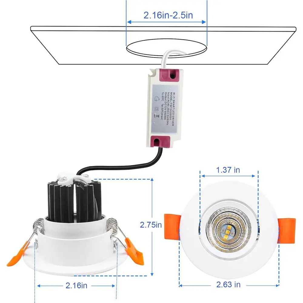 Iluminação LED Embutida Inteligente de 2 Polegadas, 5W Dimerizável RGB & CCT 2700-6500K, 110V Compatível com Alexa e Home, com Driver LED