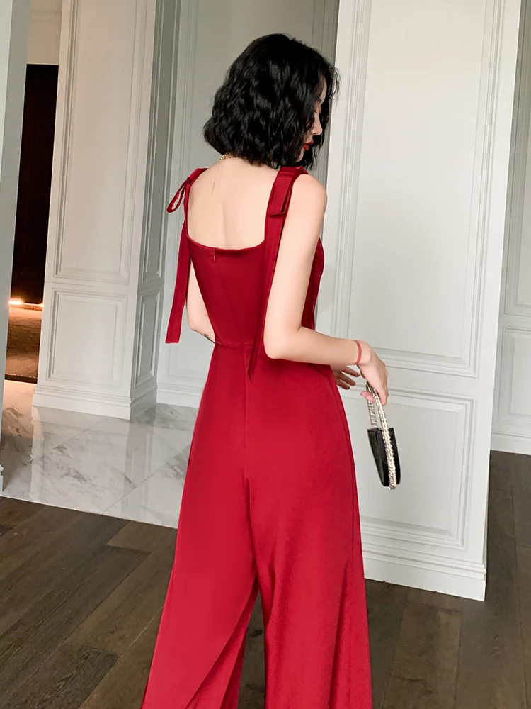 

Red Evening Gown Long Sle Wedding Dr for Women Faionable mid Waist Zipper Design Floor Length Polyester Fabric
