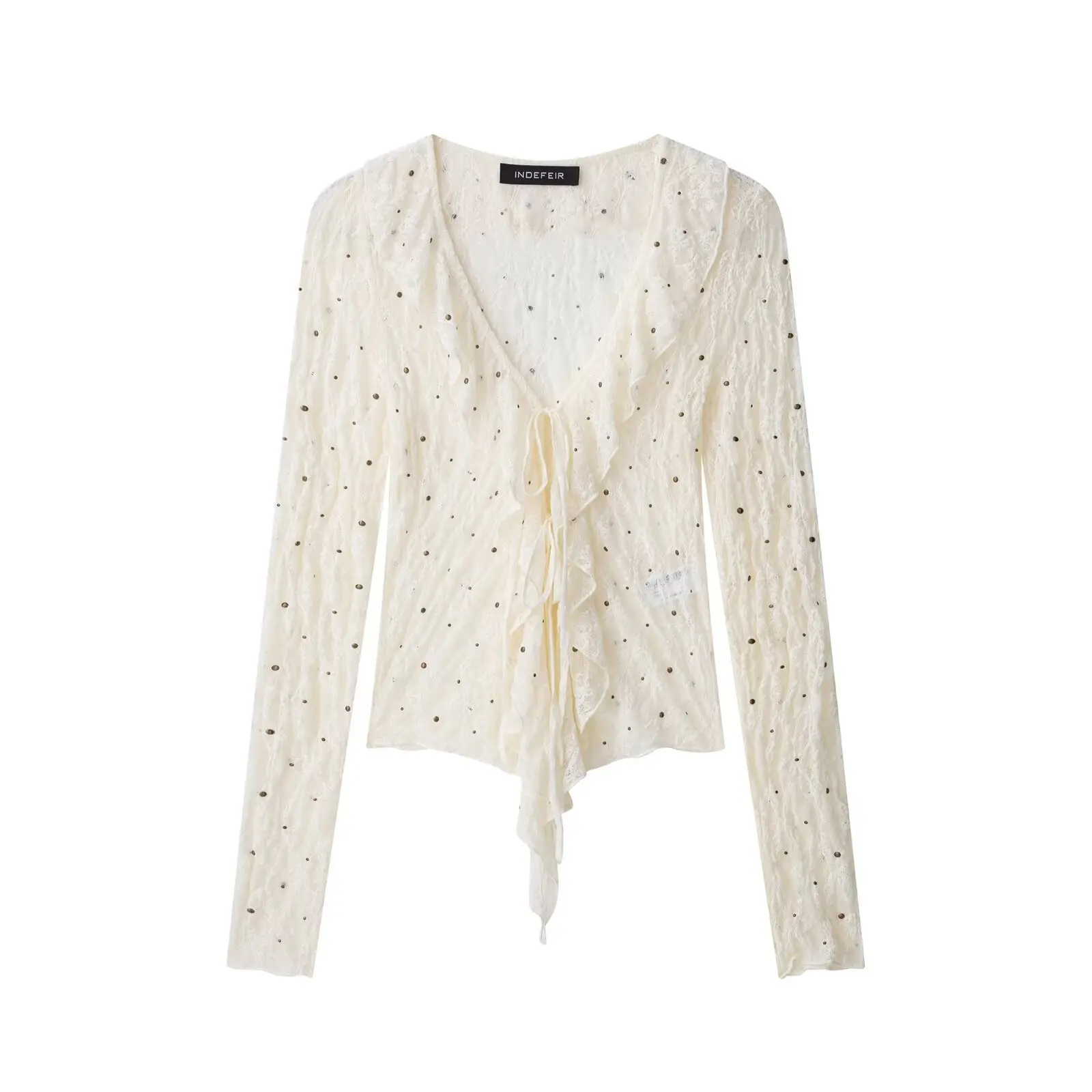 

Korejepo New Women Fashion European and American Style Versatile Rivet Lace Long Sleeve Blouse Top