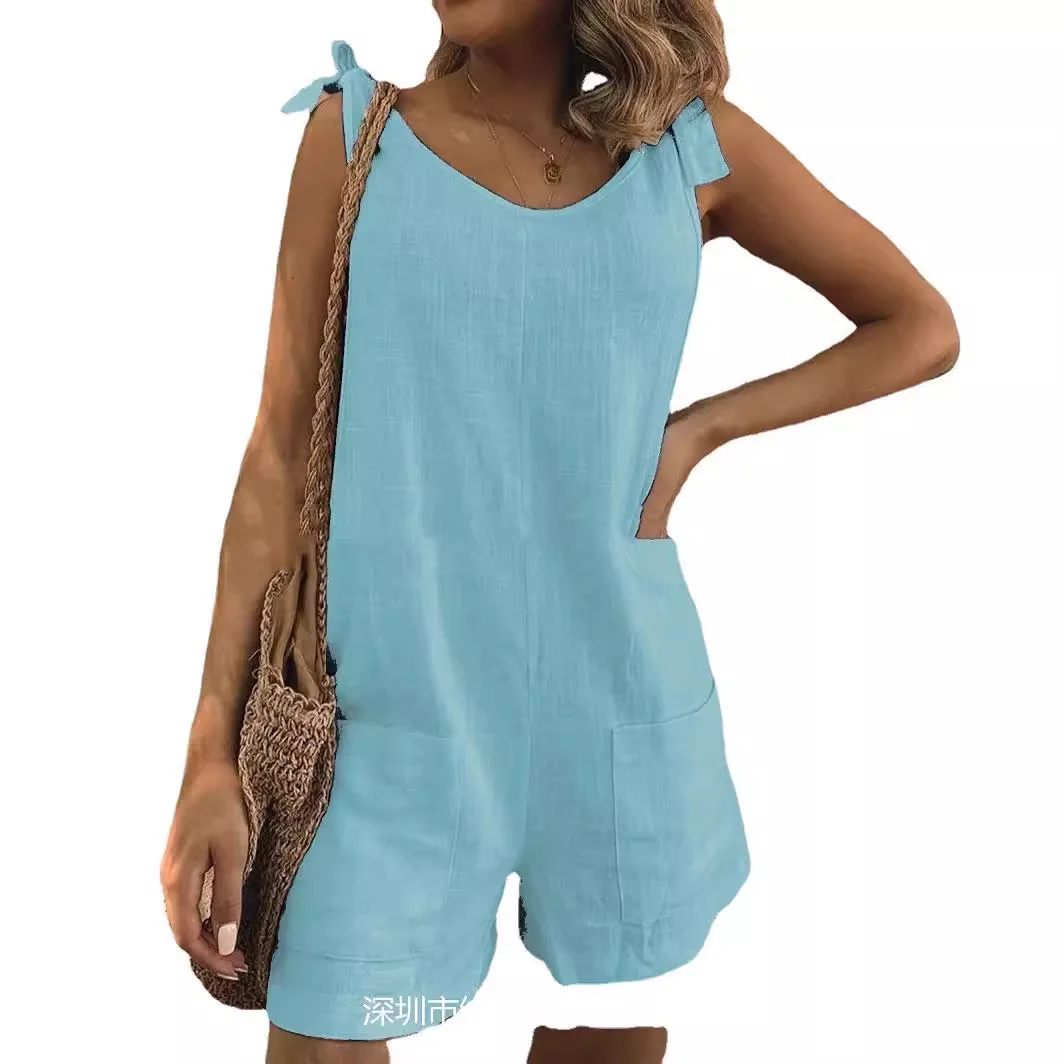 

Summer Women's Jumpsuits Solid Color Cotton And Linen Blend Thin Pockets Fashion Bow Straps High Waist Slimming Loose Playsuits