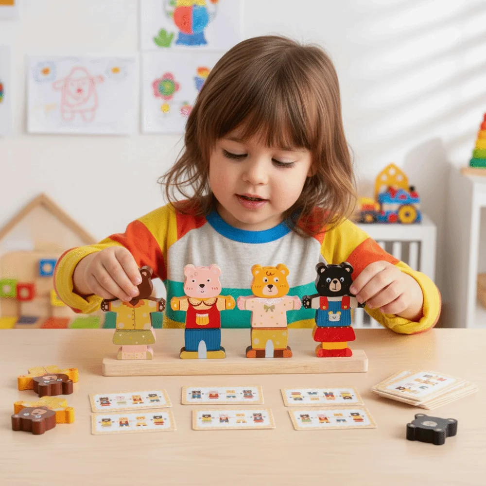 Creative Children's Color Sorting Toys Colorful Bear Shaped Wooden Stacking Block Interactive Dress Up Block