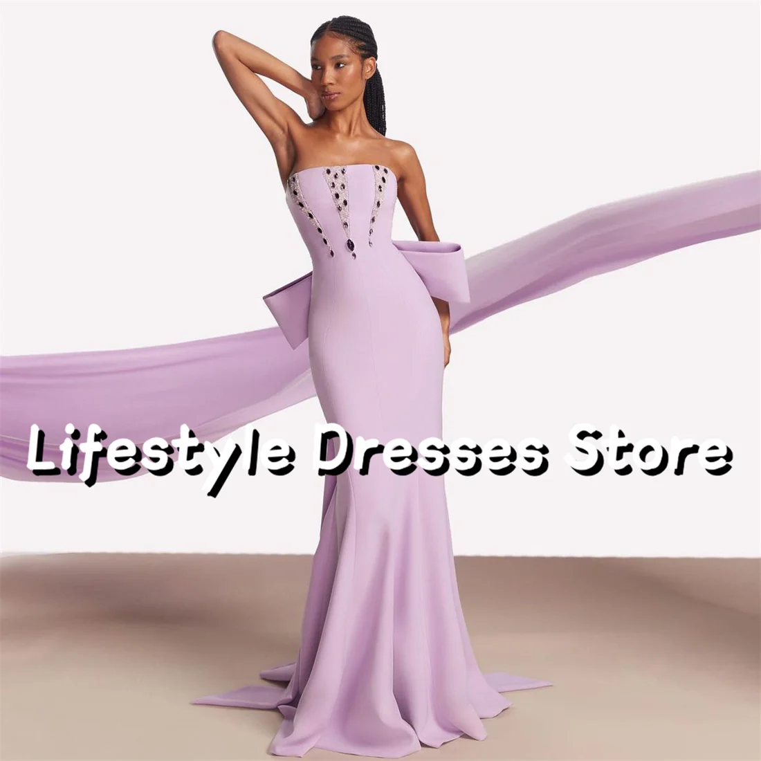 

Strapless Lavender Mermaid Evening Dresses 2024 Beads Back Bow Elegant Wedding Party Gown Formal Prom Dress vestidos de festa