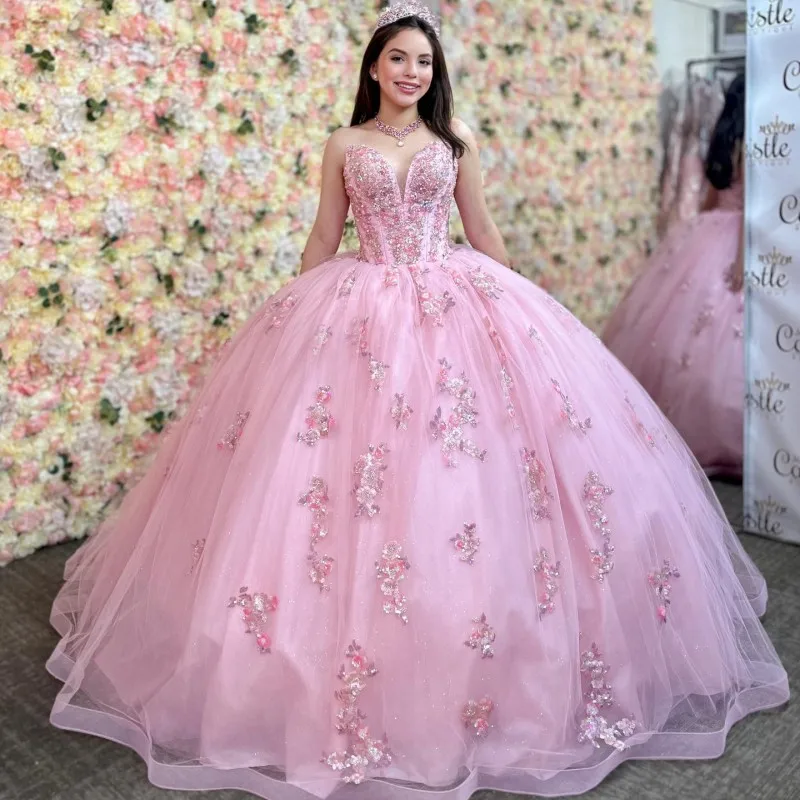 

ANGELSBRIDEP Pink Quinceanera Dresses Sequined 3D Floral Off Shoulder Exposed Boning Girls Birthday Party Prom Gowns Princess