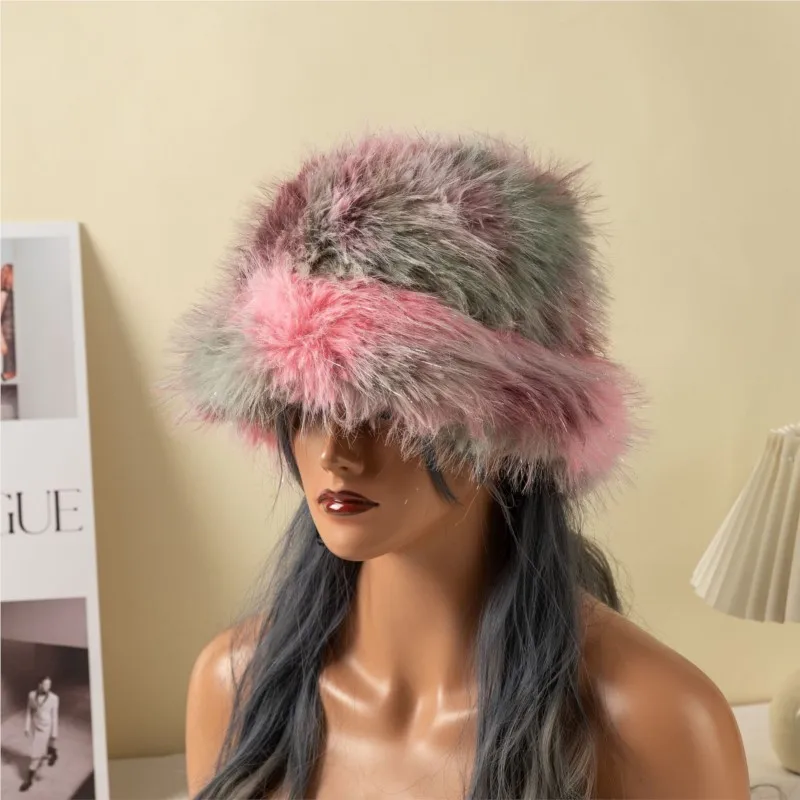 Colorful fur fashionable fisherman's hat warm and versatile plush women's autumn winter basin