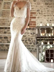 Mermaid / Trumpet Wedding Dresses V Neck Sweep / Brush Train Lace Short Sleeve Formal Sexy Sashes Ribbons Tassel Embroidery 2022