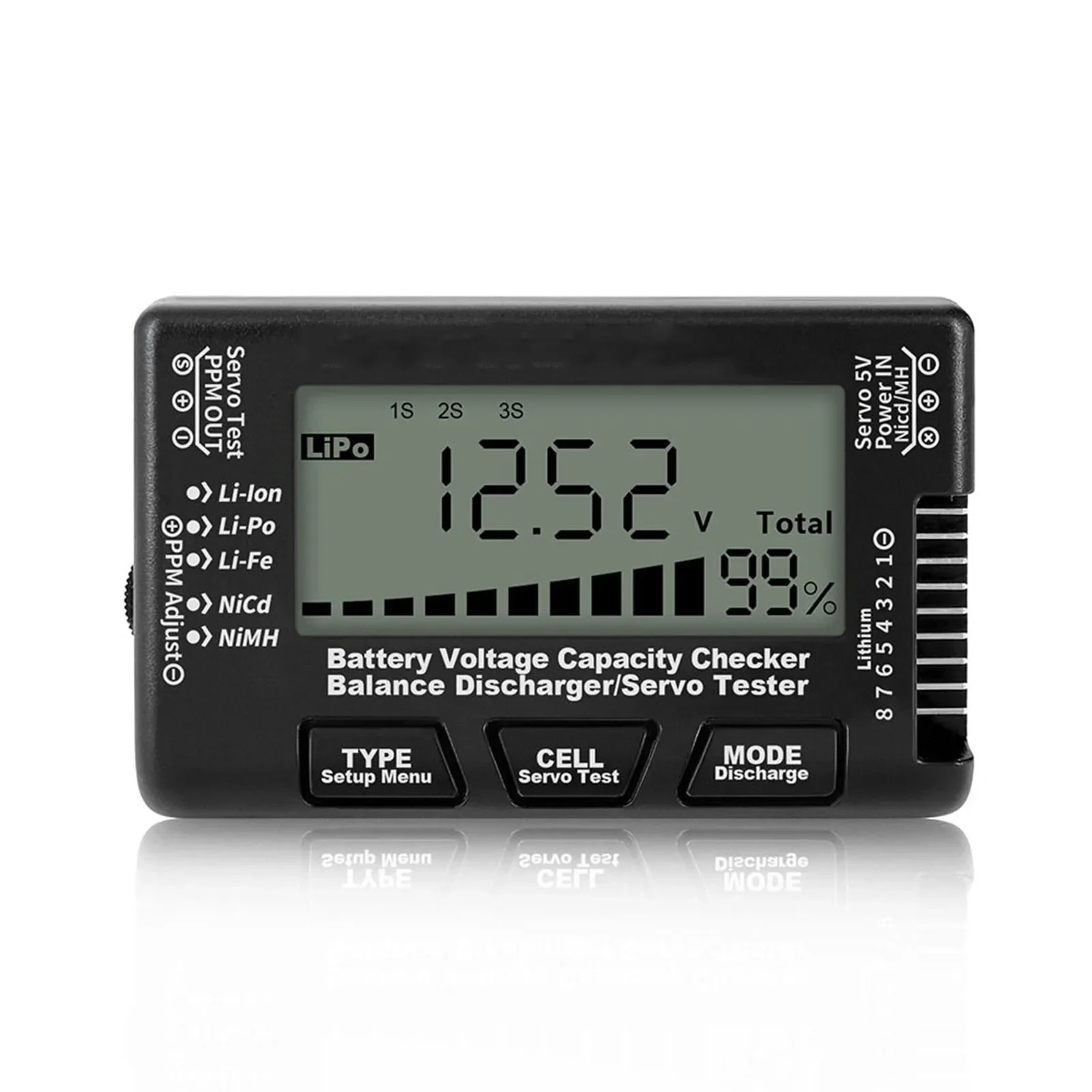 

Цифровой тестер емкости аккумулятора RC LCD-CellMeter8 CellMeter 8 2-8S Servo LiPo Li-lon NiMH