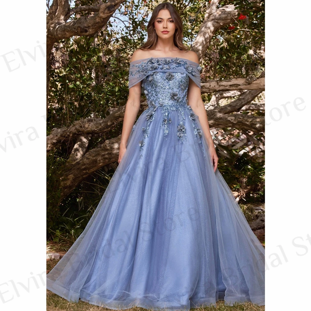 Customized Romantic Flowers Evening Dresses A-Line Ladies Tulle with Sequins Beads Off The Shoulder Backless Strapless Sweep Tra