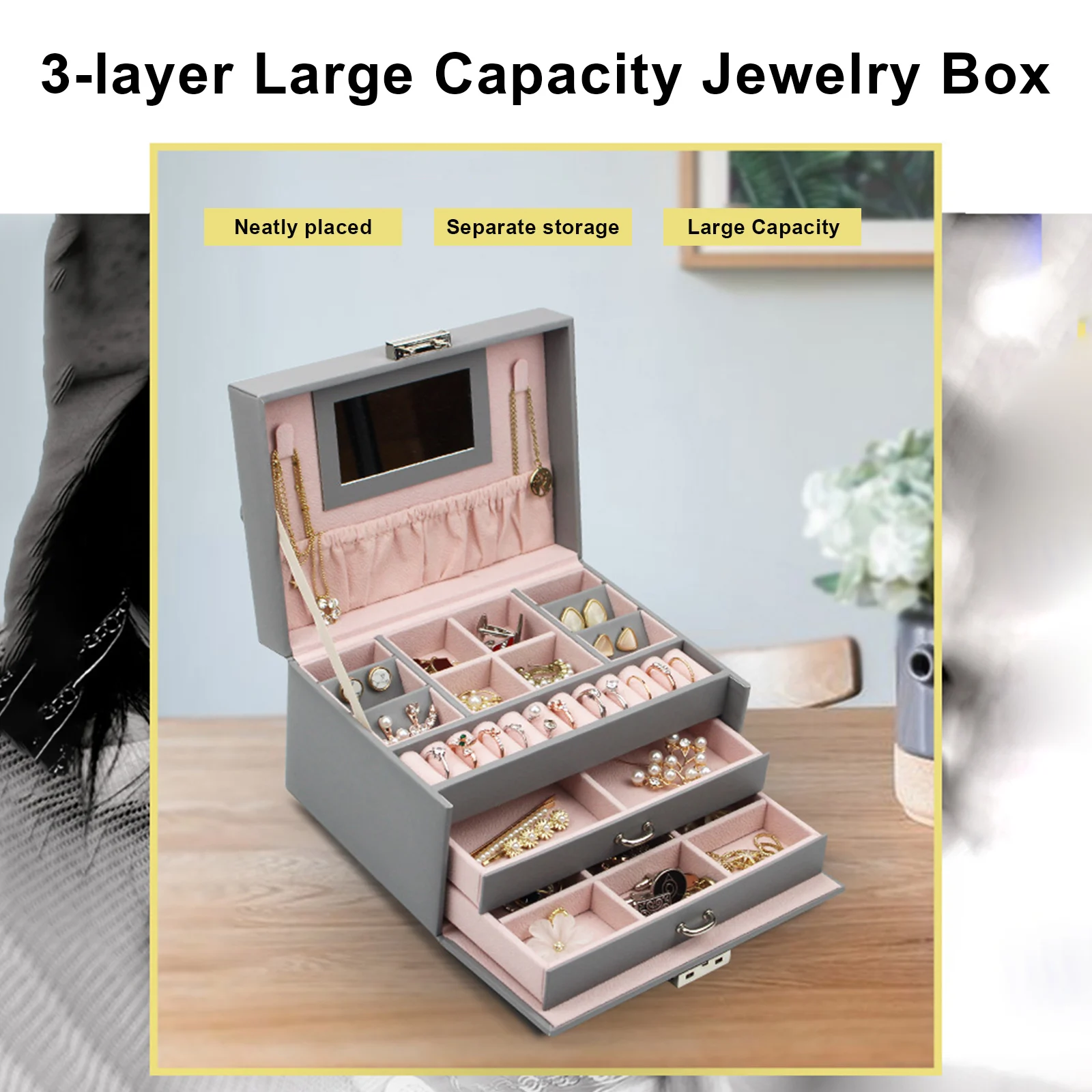 Jewelry Organizer Travel Case 3-layer Large Capacity Jewelry Box with Makeup Mirror and Lock Case PU Leather Jewelry Drawer