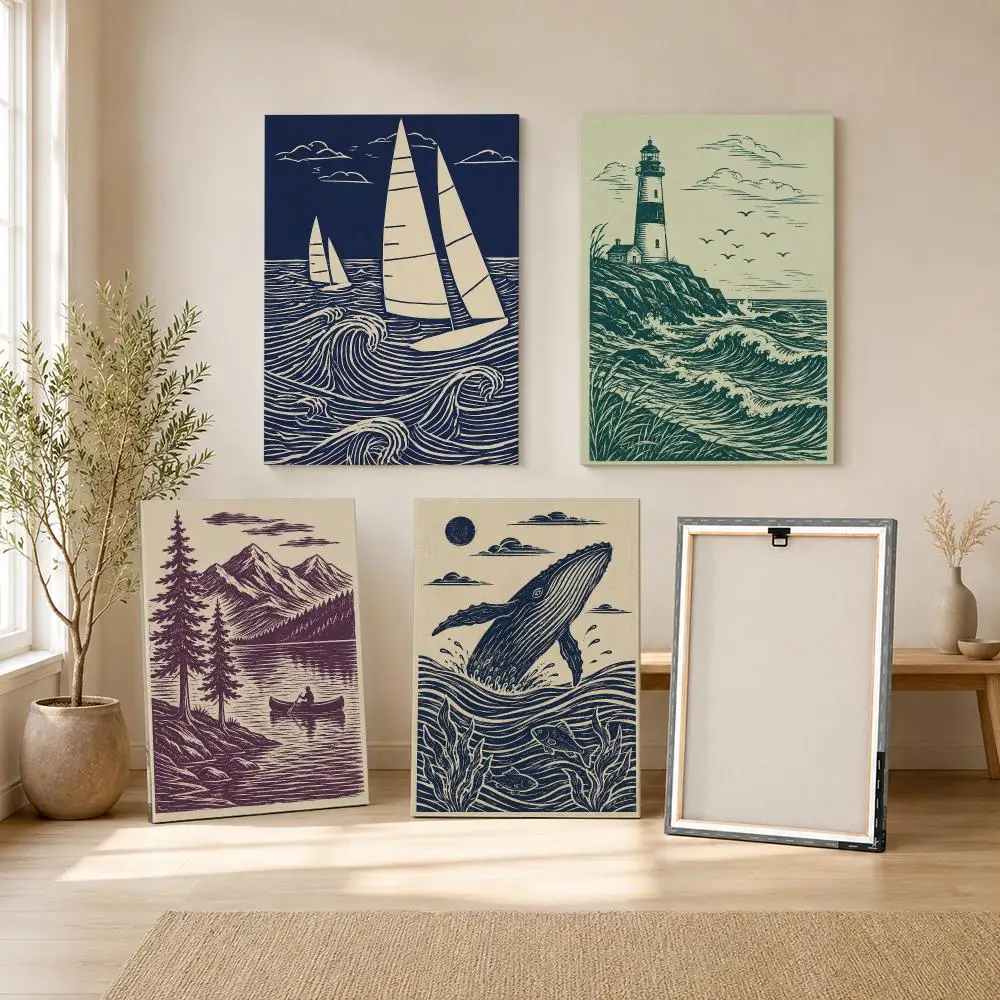 Sailboat Linocut Nautical Ocean Framed Wall Painting Ready to Hang Framed Art Set of 3 Poster for Living Room Bedroom Home Decor
