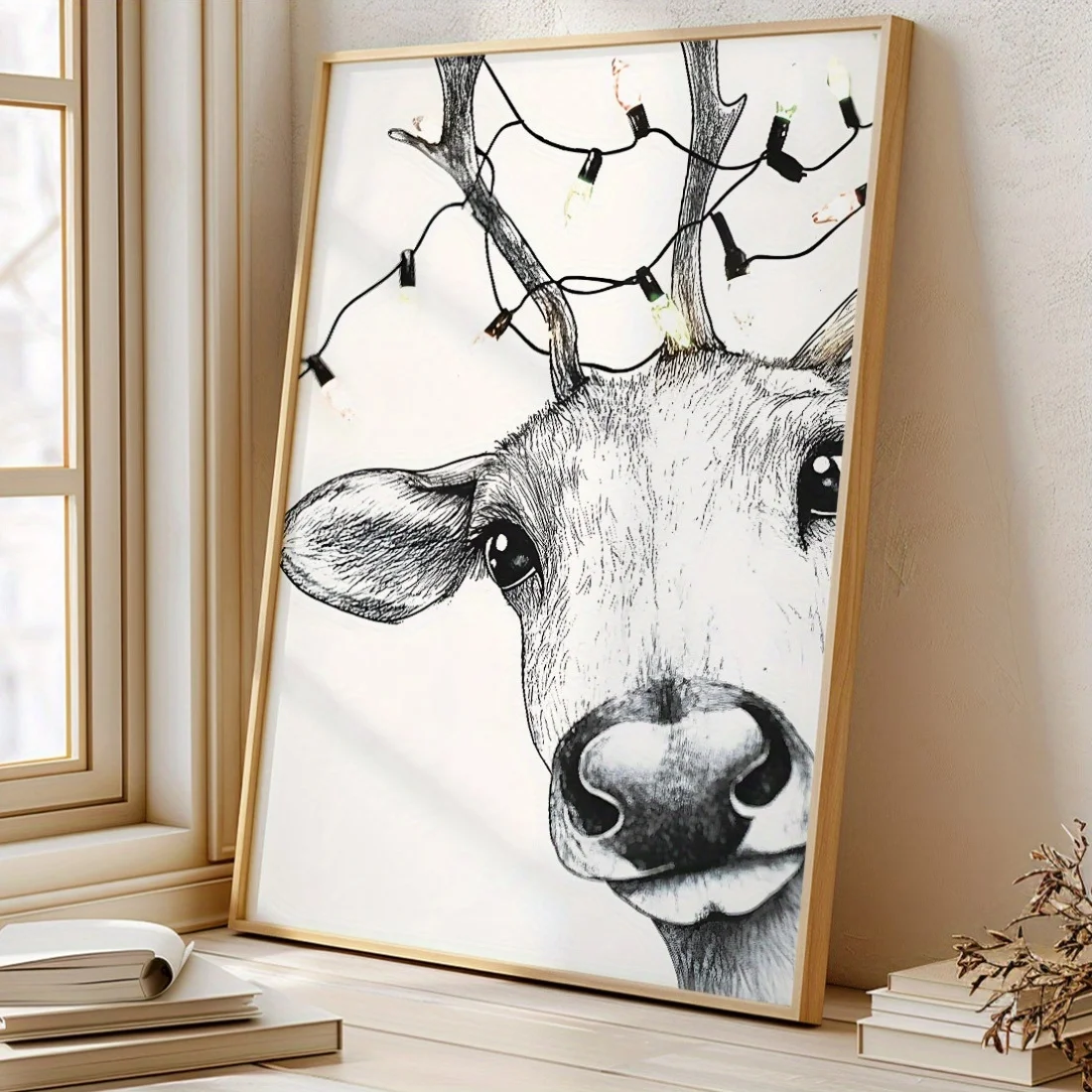 Impresión en lienzo de renos de dibujos animados, póster artístico de pared blanco y negro de Feliz Navidad para sala de estar moderna, guardería, decoración del hogar de invierno