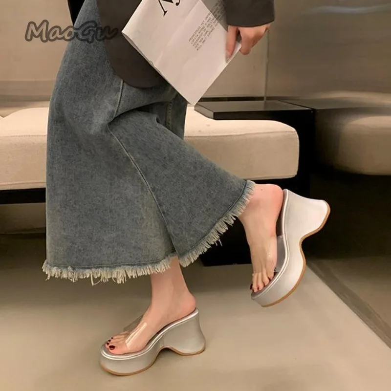 Transparent PVC Chunky Heel Sandals for Women Fashion Peep Toe Platform Sandals Woman 2025 Summer Thick Bottom Beach Slippers view 5