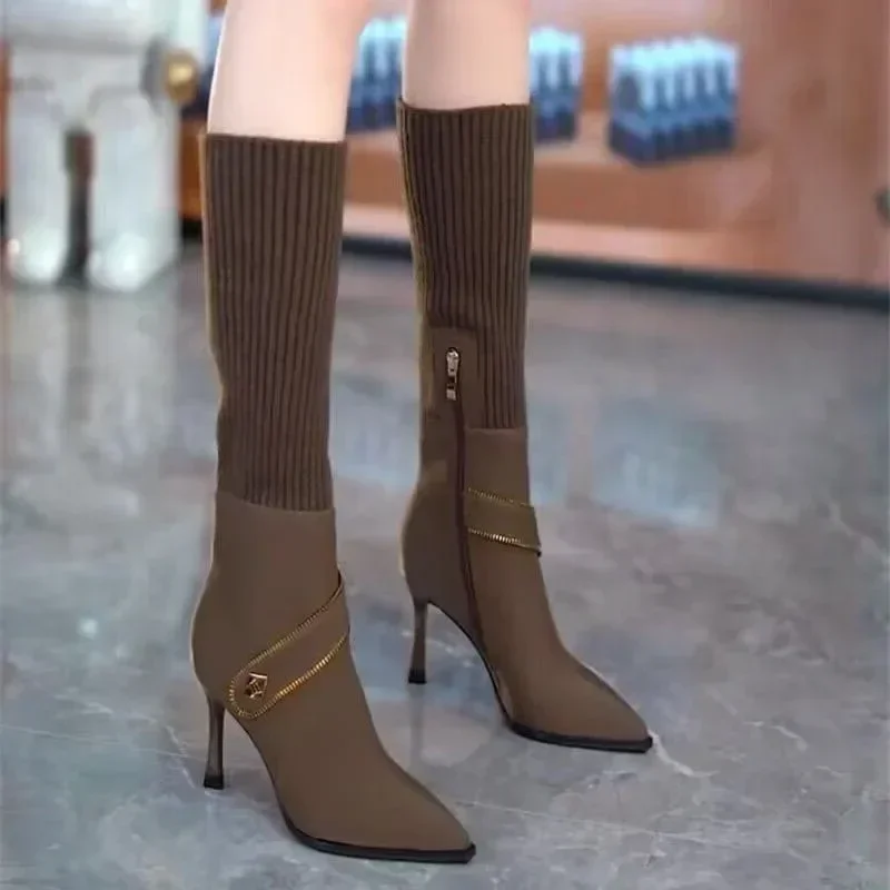 Knitted Long Boots for Women Autumn Winter New Thin High Heeled Shoes Pointed Toe Women's Stretch Fashion Knee High Botas Mujer